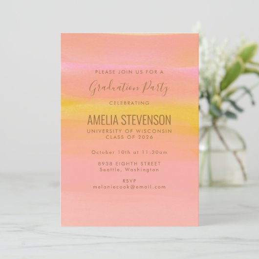 Invitation Aquarelle rose Yellow Stripes fête de graduation (Debout devant)
