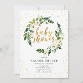 Invitation Aquarelle Roses blanches Baby shower vert or (Devant)
