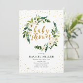 Invitation Aquarelle Roses blanches Baby shower vert or (Debout devant)