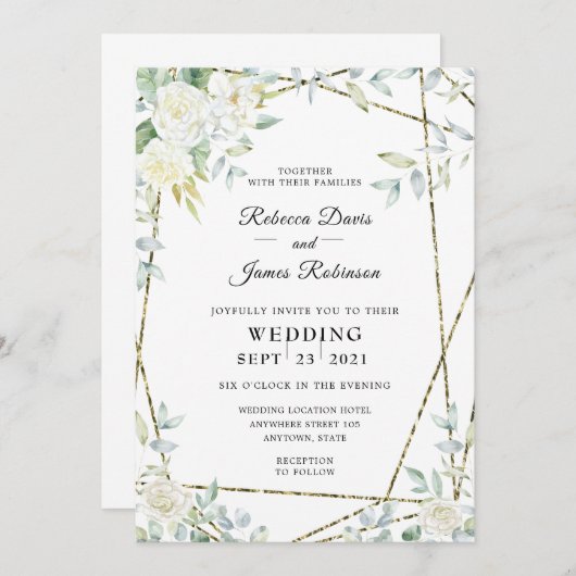 Invitation Aquarelle Roses blanches et Mariage de verdure (Devant / Derrière)