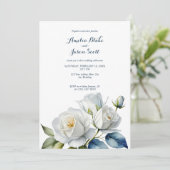 Invitation Aquarelle Roses blanches sur Mariage blanc propre (Debout devant)