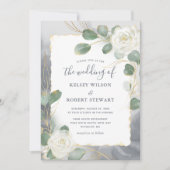 Invitation Aquarelle Roses Blanches Vert de gris Doré Mariage (Devant)