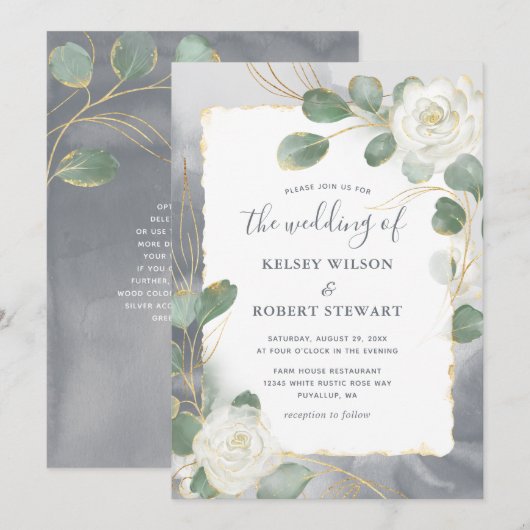 Invitation Aquarelle Roses Blanches Vert de gris Doré Mariage (Devant / Derrière)