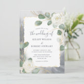 Invitation Aquarelle Roses Blanches Vert de gris Or Mariage (Debout devant)