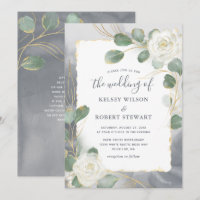 Aquarelle Roses Blanches Vert de gris Or Mariage