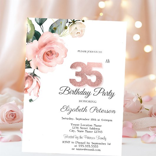 Invitation Aquarelle Roses Fardées 35e Anniversaire
