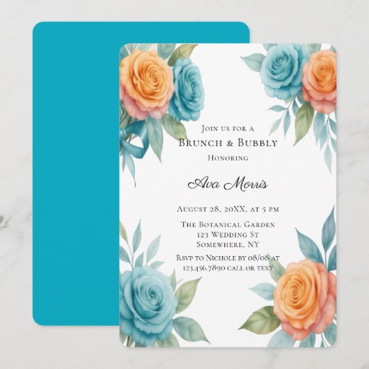 Invitation Aquarelle Roses Orange et Bleu Turquoise, Brunch e (Devant / Derrière)