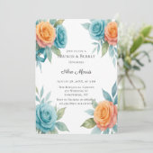 Invitation Aquarelle Roses Orange et Bleu Turquoise, Brunch e (Debout devant)