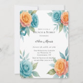 Invitation Aquarelle Roses Orange et Bleu Turquoise, Brunch e (Devant)