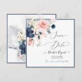 Invitation Aquarelle Roses Pâles Bleu Dusty (Devant / Derrière)