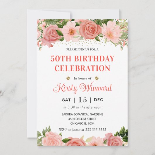 Invitation Aquarelle Roses rose et rouge 50e anniversaire (Devant)