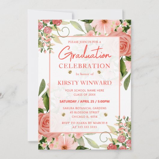 Invitation Aquarelle Roses rose et rouge Graduation (Devant)