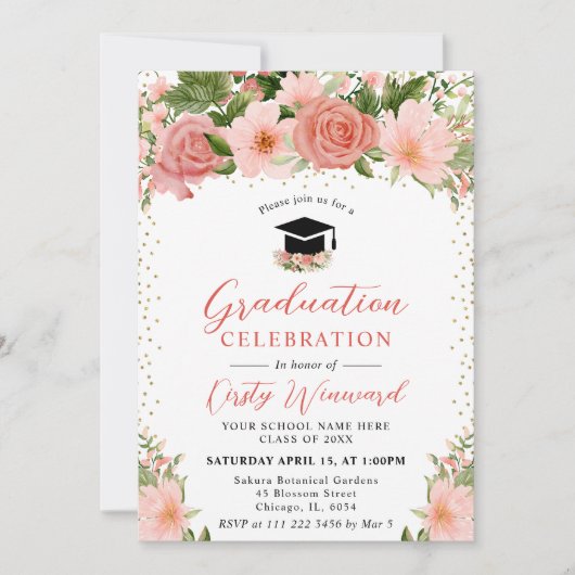 Invitation Aquarelle Roses Rose Fleurs Graduation (Devant)