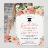 Invitation Aquarelle Roses Rose Fleurs Graduation (Devant / Derrière)