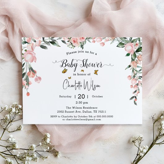 Invitation Aquarelle Roses roses avec Baby shower de papillon