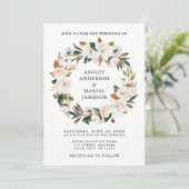 Invitation Aquarelle Roses roses blanches Magnolias Wreath (Debout devant)
