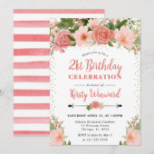Invitation Aquarelle Roses roses Fleurs 21e anniversaire (Devant / Derrière)