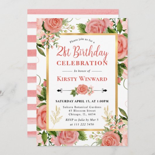 Invitation Aquarelle Roses roses Fleurs 21e anniversaire (Devant / Derrière)