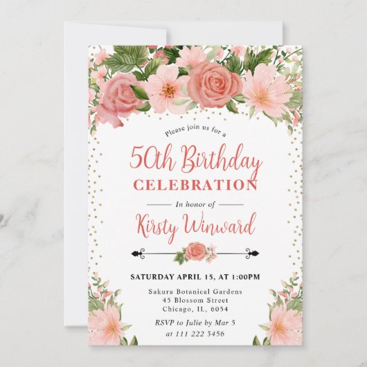 Invitation Aquarelle Roses roses Fleurs 50e anniversaire (Devant)
