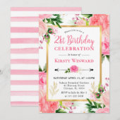 Invitation Aquarelle Roses roses Fleurs d'été 21e anniversair (Devant / Derrière)