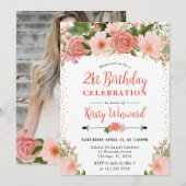 Invitation Aquarelle Roses roses Fleurs Photo 21e anniversair (Devant / Derrière)