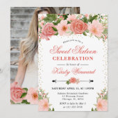 Invitation Aquarelle Roses roses Fleurs Photo Sweet 16 (Devant / Derrière)