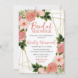 Invitation Aquarelle Roses Roses Fuschia Cadre Doré Baby Show