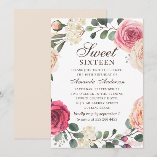 Invitation Aquarelle roses roses roses Douces 16. Jardin fleu (Devant / Derrière)