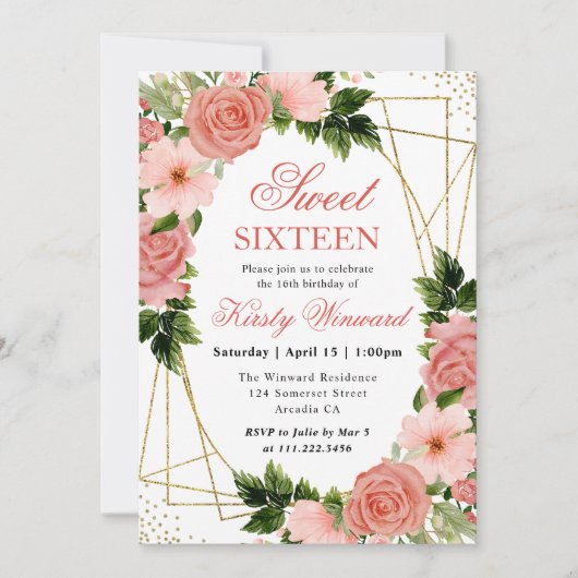 Invitation Aquarelle Roses Roses Roses Roses Or Frame Sweet 1 (Devant)