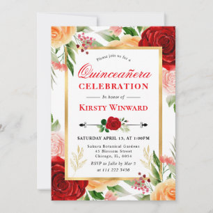 Invitation Aquarelle Roses Rouges et Orange Quinceanera