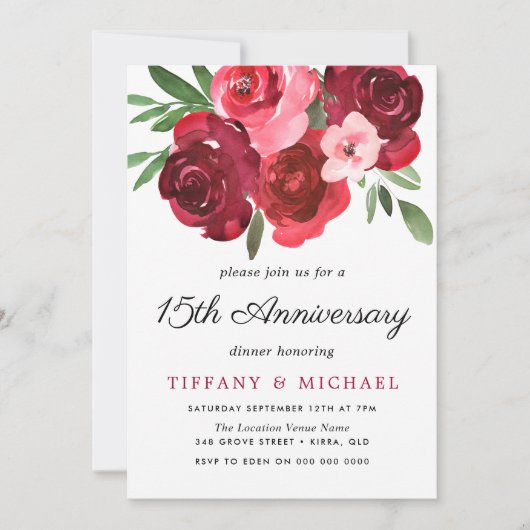 Invitation Aquarelle Roses Rouges Romantiques 15e Anniversair (Devant)