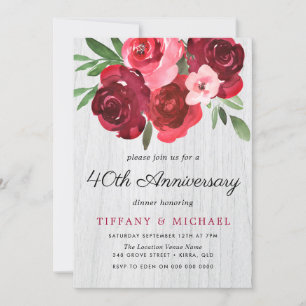Invitation Aquarelle Roses Rouges Rustique 40ème Anniversaire