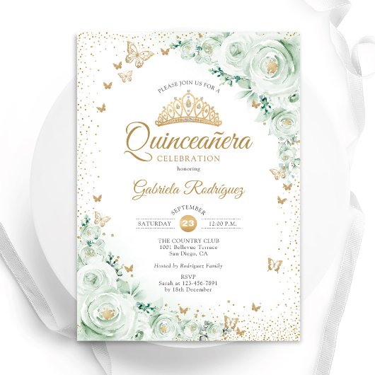Invitation Aquarelle Roses Sage Vert Floral Quinceanera