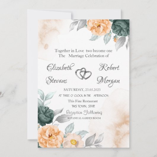Invitation Aquarelle Roses Vert Orange (Devant)
