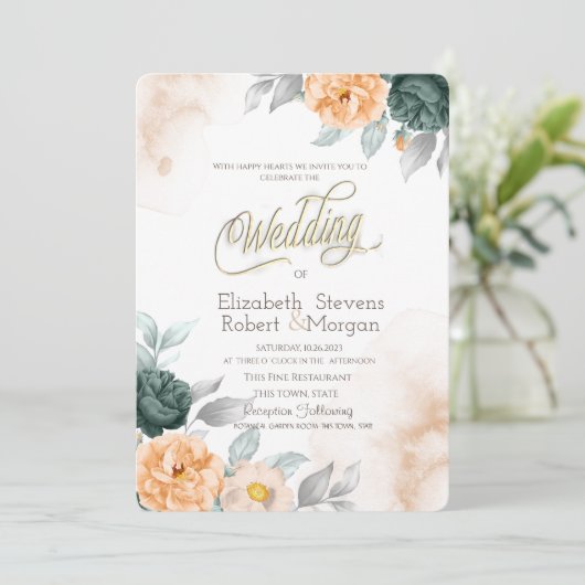 Invitation Aquarelle Roses verts (Debout devant)