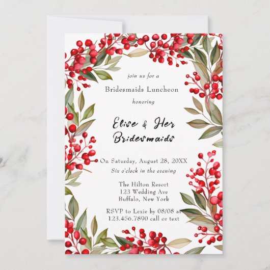 Invitation Aquarelle Rouge Berry Wreath Bridesmaigres Déjeune (Devant)
