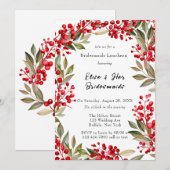 Invitation Aquarelle Rouge Berry Wreath Bridesmaigres Déjeune (Devant / Derrière)
