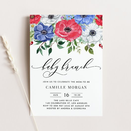 Invitation Aquarelle Rouge, Blanc et Bleu Anemone Brunch bébé
