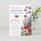 Invitation Aquarelle Rouge, Bleu et Blanc Fleurs 4 juillet (Debout devant)