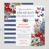 Invitation Aquarelle Rouge, Bleu et Blanc Fleurs 4 juillet (Devant / Derrière)