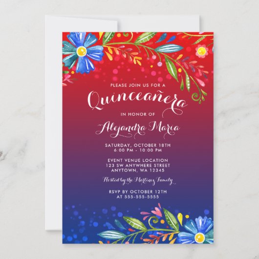 Invitation Aquarelle Rouge Bleu Floral Fiesta Quinceanera (Devant)