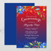 Invitation Aquarelle Rouge Bleu Floral Fiesta Quinceanera (Devant / Derrière)
