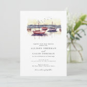 Invitation Aquarelle Rouge Bleu Voiliers Port Mariage Océan (Debout devant)