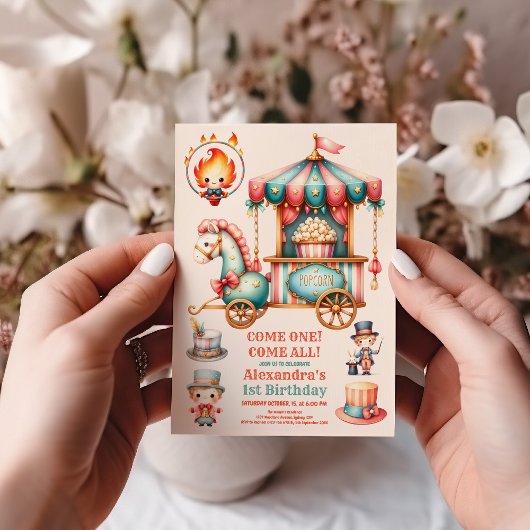 Invitation Aquarelle Rouge Cirque Carnaval Bébé 1er anniversa