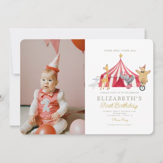 Invitation Aquarelle Rouge Cirque Photo Carnaval Bébé Anniver (Devant)