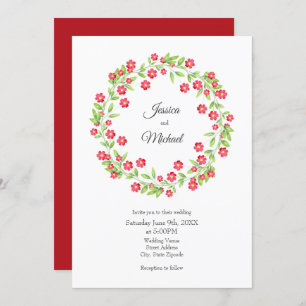 Invitation Aquarelle rouge couronne florale