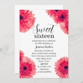 Invitation Aquarelle Rouge Dahlia Daisy Sweet 16 Seize (Devant / Derrière)