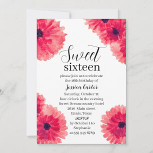Invitation Aquarelle Rouge Dahlia Daisy Sweet 16 Seize