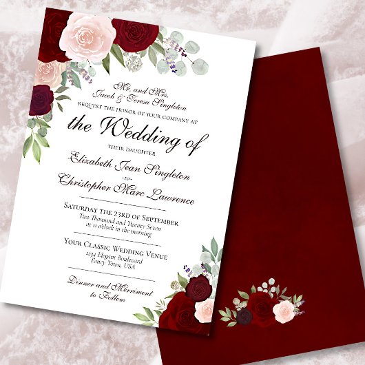 Invitation Aquarelle rouge de Bourgogne Roses Mariage officie
