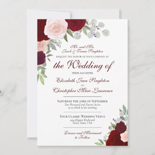 Invitation Aquarelle rouge de Bourgogne Roses Mariage officie (Devant)